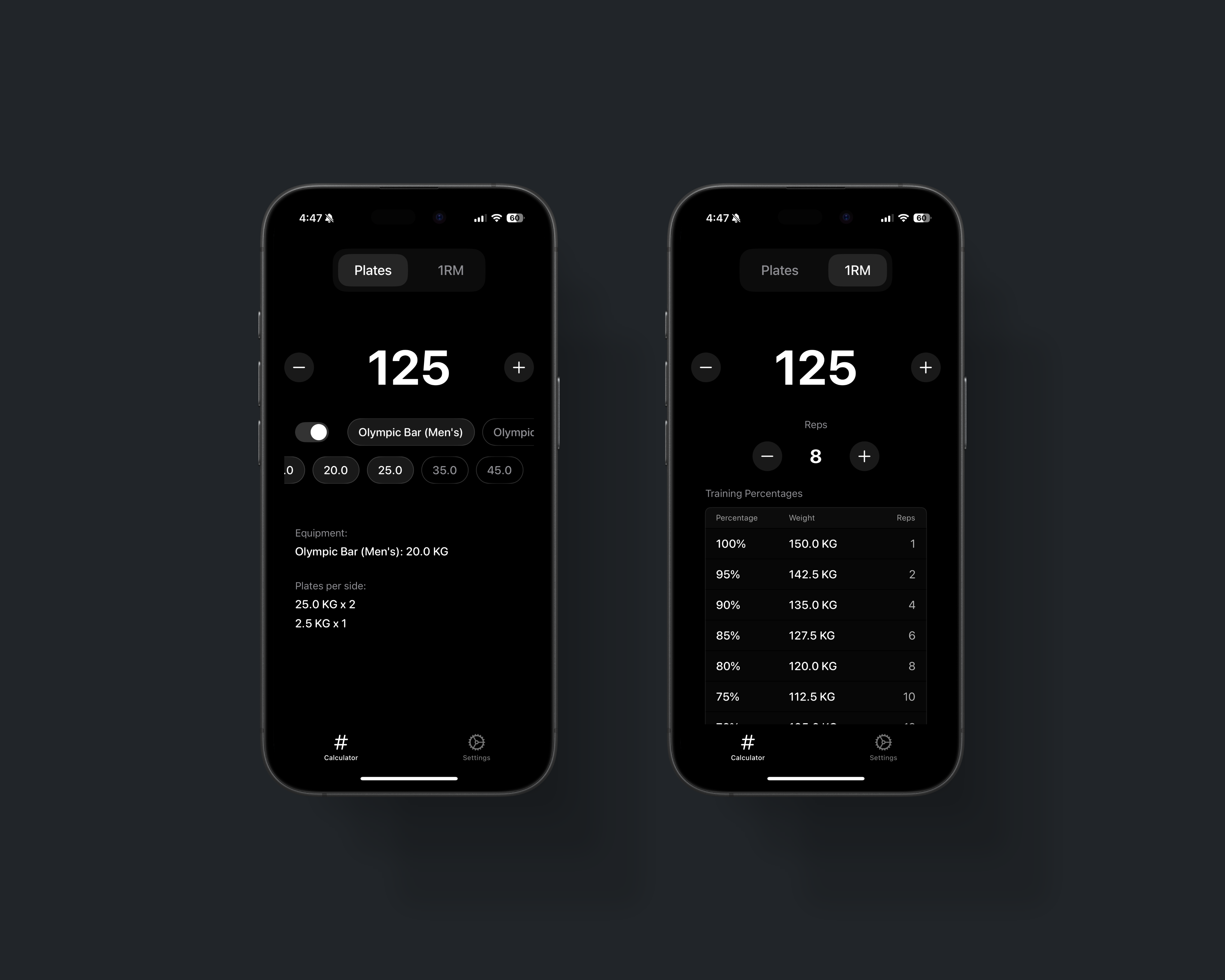 GymCalc app interface showing calculator and equipment settings